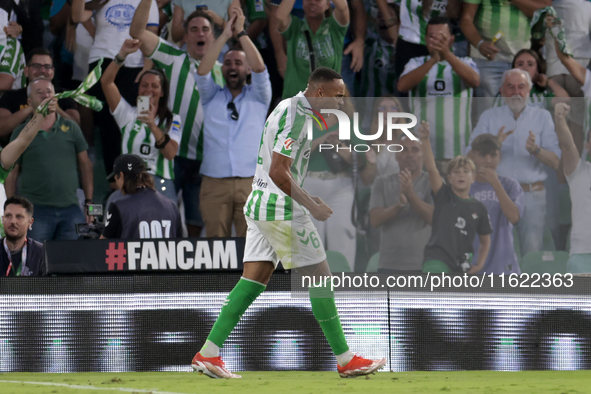 Natan Bernardo de Souza of Real Betis celebrates a goal during the La Liga EA Sports match between Real Betis and RCD Espanyol at Benito Vil...