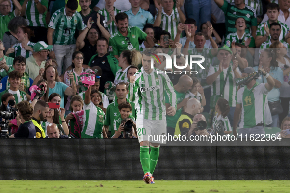 Giovani Lo Celso of Real Betis celebrates a goal during the La Liga EA Sports match between Real Betis and RCD Espanyol at Benito Villamarin...