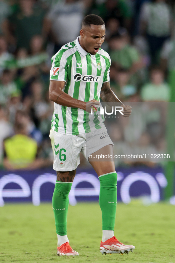 Natan Bernardo de Souza of Real Betis celebrates winning during the La Liga EA Sports match between Real Betis and RCD Espanyol at Benito Vi...