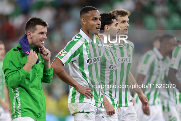 Natan Bernardo de Souza of Real Betis shows appreciation to fans during the La Liga EA Sports match between Real Betis and RCD Espanyol at B...