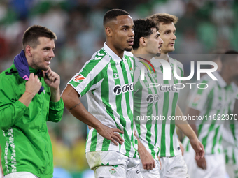 Natan Bernardo de Souza of Real Betis shows appreciation to fans during the La Liga EA Sports match between Real Betis and RCD Espanyol at B...