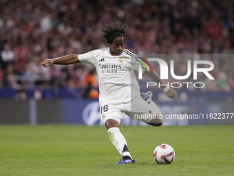 Endrick of Real Madrid is in action during the La Liga 2024/25 match between Atletico de Madrid and Real Madrid at Civitas Metropolitano Sta...