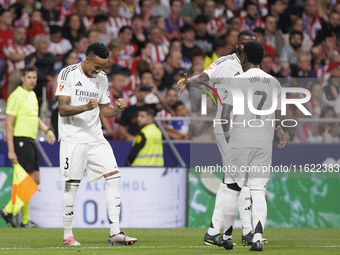 Eder Militao of Real Madrid celebrates a goal during the La Liga 2024/25 match between Atletico de Madrid and Real Madrid at Civitas Metropo...