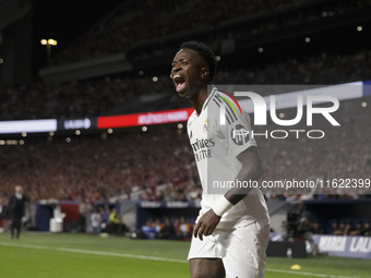 Vinicius Jr of Real Madrid celebrates a goal during the La Liga 2024/25 match between Atletico de Madrid and Real Madrid at Civitas Metropol...