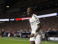 Vinicius Jr of Real Madrid celebrates a goal during the La Liga 2024/25 match between Atletico de Madrid and Real Madrid at Civitas Metropol...