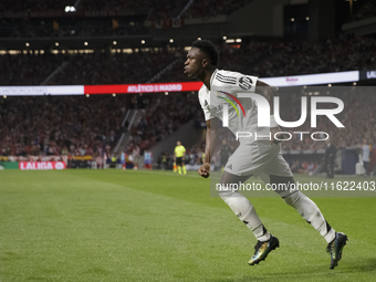 Vinicius Jr of Real Madrid celebrates a goal during the La Liga 2024/25 match between Atletico de Madrid and Real Madrid at Civitas Metropol...