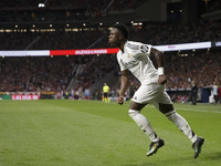 Vinicius Jr of Real Madrid celebrates a goal during the La Liga 2024/25 match between Atletico de Madrid and Real Madrid at Civitas Metropol...