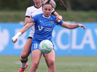 Durham Women's Carly Johns battles with Birmingham City's Libby Smith during the FA Women's Championship match between Durham Women FC and B...