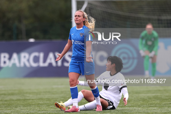 Beth Hepple of Durham Women reacts after an altercation with Birmingham City Women's Geum-Min Lee during the FA Women's Championship match b...