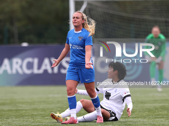 Beth Hepple of Durham Women reacts after an altercation with Birmingham City Women's Geum-Min Lee during the FA Women's Championship match b...