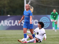 Beth Hepple of Durham Women reacts after an altercation with Birmingham City Women's Geum-Min Lee during the FA Women's Championship match b...