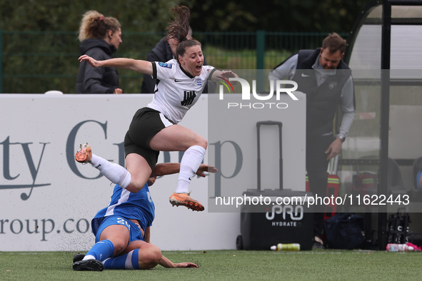 Lucy Quinn of Birmingham City Women is brought down by a tackle from Durham Women's Michaela Foster during the FA Women's Championship match...