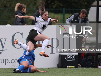 Lucy Quinn of Birmingham City Women is brought down by a tackle from Durham Women's Michaela Foster during the FA Women's Championship match...