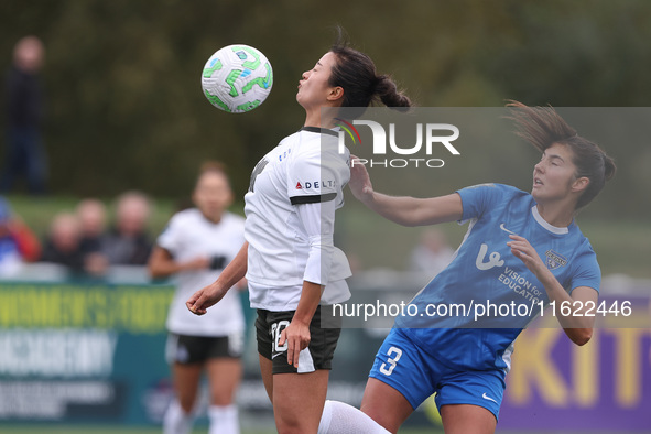 Birmingham City Women's Yu-ri Choe challenges for a header with Durham Women's Lauren Briggs during the FA Women's Championship match betwee...