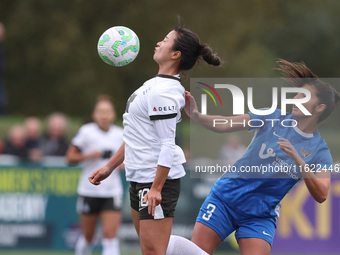 Birmingham City Women's Yu-ri Choe challenges for a header with Durham Women's Lauren Briggs during the FA Women's Championship match betwee...