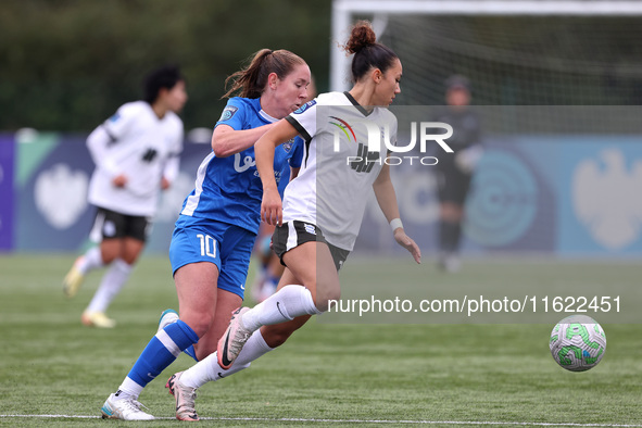 Birmingham City Women's Tegan McGowan is in action with Durham Women's Hannah Blake during the FA Women's Championship match between Durham...