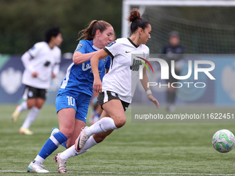 Birmingham City Women's Tegan McGowan is in action with Durham Women's Hannah Blake during the FA Women's Championship match between Durham...