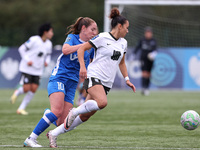 Birmingham City Women's Tegan McGowan is in action with Durham Women's Hannah Blake during the FA Women's Championship match between Durham...