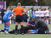 Mollie Lambert receives treatment after a collision with Becky Salicki during the FA Women's Championship match between Durham Women FC and...