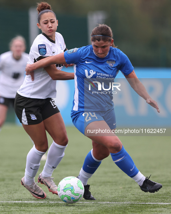 Durham Women's Abby Holmes competes with Birmingham City Women's Tegan McGowan during the FA Women's Championship match between Durham Women...