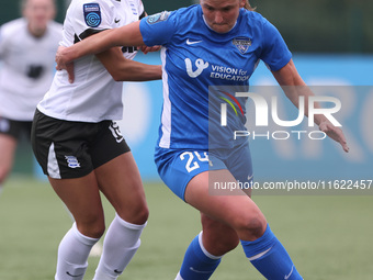 Durham Women's Abby Holmes competes with Birmingham City Women's Tegan McGowan during the FA Women's Championship match between Durham Women...