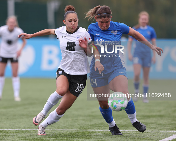 Durham Women's Abby Holmes competes with Birmingham City Women's Tegan McGowan during the FA Women's Championship match between Durham Women...