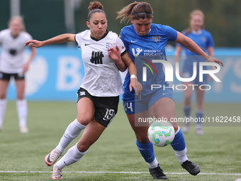 Durham Women's Abby Holmes competes with Birmingham City Women's Tegan McGowan during the FA Women's Championship match between Durham Women...