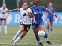 Durham Women's Abby Holmes competes with Birmingham City Women's Tegan McGowan during the FA Women's Championship match between Durham Women...