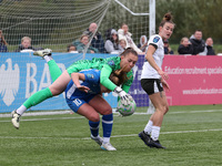 Lucy Thomas of Birmingham City Women lands on Hannah Blake of Durham Women while claiming a cross during the FA Women's Championship match b...