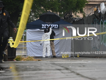 Crime scene investigators use evidence markers to mark the scene where a 29-year-old man is fatally shot in the head at East 182nd Street an...