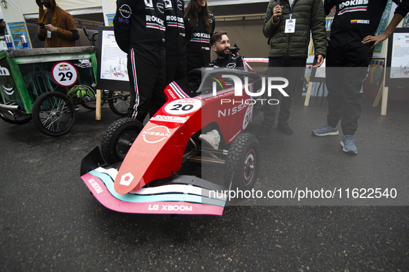 Soapbox cars and teams take part in the Red Bull Balineras race, a soapbox race that returns after 12 years, in Bogota, Colombia, on Septemb...