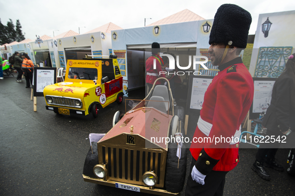 Soapbox cars and teams take part in the Red Bull Balineras race, a soapbox race that returns after 12 years, in Bogota, Colombia, on Septemb...