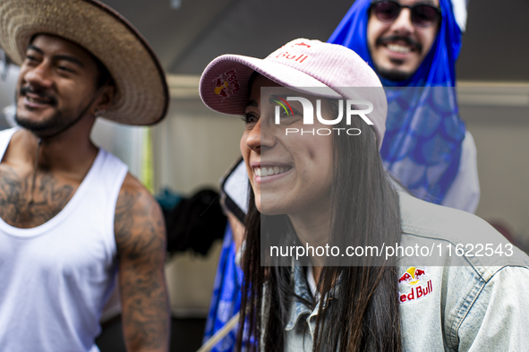 Colombian cyclist Mariana Pajon takes part in the Red Bull Balineras race, a soapbox race that returns after 12 years, in Bogota, Colombia,...