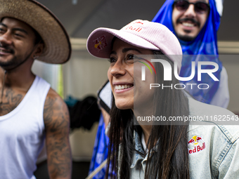 Colombian cyclist Mariana Pajon takes part in the Red Bull Balineras race, a soapbox race that returns after 12 years, in Bogota, Colombia,...