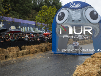 Soapbox cars and teams take part in the Red Bull Balineras race, a soapbox race that returns after 12 years, in Bogota, Colombia, on Septemb...