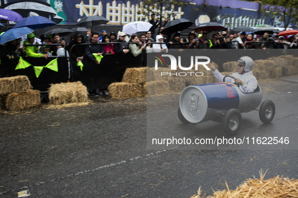 Soapbox cars and teams take part in the Red Bull Balineras race, a soapbox race that returns after 12 years, in Bogota, Colombia, on Septemb...