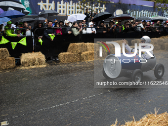 Soapbox cars and teams take part in the Red Bull Balineras race, a soapbox race that returns after 12 years, in Bogota, Colombia, on Septemb...