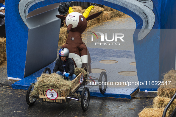 Soapbox cars and teams take part in the Red Bull Balineras race, a soapbox race that returns after 12 years, in Bogota, Colombia, on Septemb...