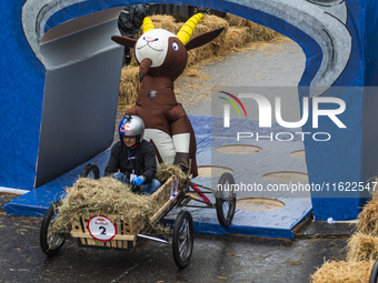 Soapbox cars and teams take part in the Red Bull Balineras race, a soapbox race that returns after 12 years, in Bogota, Colombia, on Septemb...