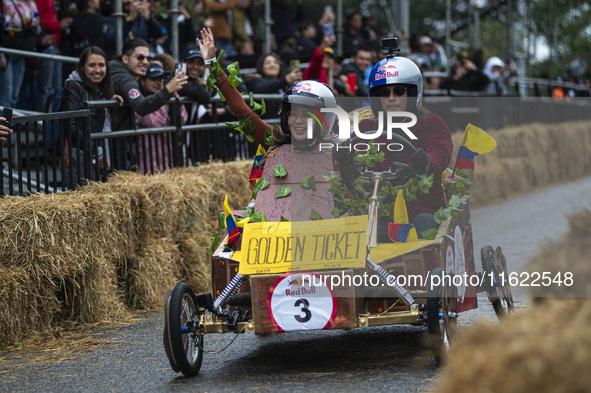 Soapbox cars and teams take part in the Red Bull Balineras race, a soapbox race that returns after 12 years, in Bogota, Colombia, on Septemb...