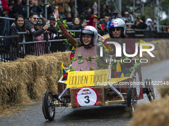 Soapbox cars and teams take part in the Red Bull Balineras race, a soapbox race that returns after 12 years, in Bogota, Colombia, on Septemb...