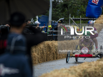 Soapbox cars and teams take part in the Red Bull Balineras race, a soapbox race that returns after 12 years, in Bogota, Colombia, on Septemb...