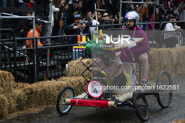 Soapbox cars and teams take part in the Red Bull Balineras race, a soapbox race that returns after 12 years, in Bogota, Colombia, on Septemb...