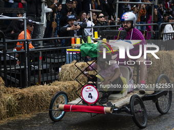 Soapbox cars and teams take part in the Red Bull Balineras race, a soapbox race that returns after 12 years, in Bogota, Colombia, on Septemb...