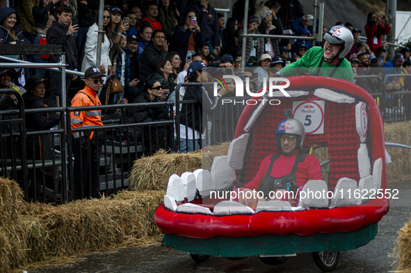 Soapbox cars and teams take part in the Red Bull Balineras race, a soapbox race that returns after 12 years, in Bogota, Colombia, on Septemb...