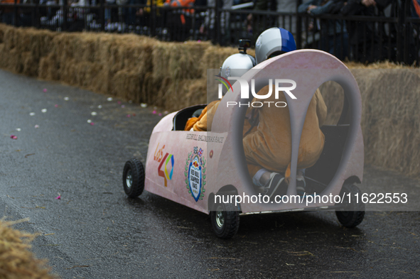 Soapbox cars and teams take part in the Red Bull Balineras race, a soapbox race that returns after 12 years, in Bogota, Colombia, on Septemb...