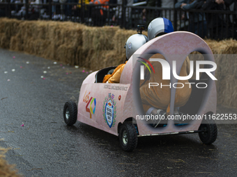 Soapbox cars and teams take part in the Red Bull Balineras race, a soapbox race that returns after 12 years, in Bogota, Colombia, on Septemb...