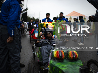 Soapbox cars and teams take part in the Red Bull Balineras race, a soapbox race that returns after 12 years, in Bogota, Colombia, on Septemb...