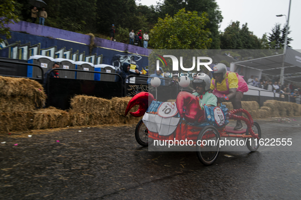 Soapbox cars and teams take part in the Red Bull Balineras race, a soapbox race that returns after 12 years, in Bogota, Colombia, on Septemb...