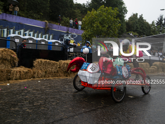 Soapbox cars and teams take part in the Red Bull Balineras race, a soapbox race that returns after 12 years, in Bogota, Colombia, on Septemb...